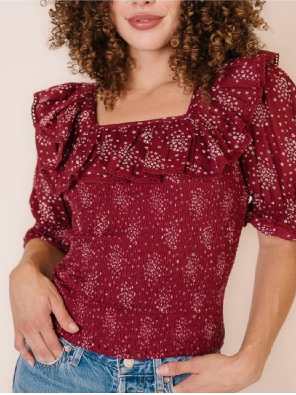 Ivy City Co Burgundy Floral Smocked Square-Neck Ruffle Top EUC